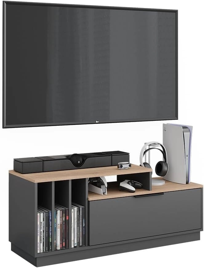 Lavagna Betti, Antracite/Sonoma, 120 x 49.9 cm con 1 porta, adatto per TV fino a 55 pollici e accessori multimediali