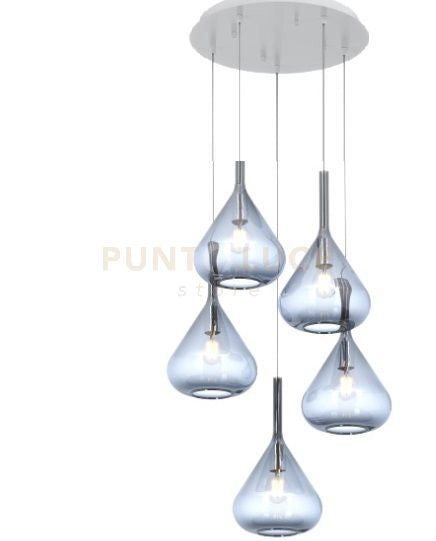 SOSPENSIONE BIANCO 5 LUCI TONDA VETRI BLU 1177BI-S5 T-BL