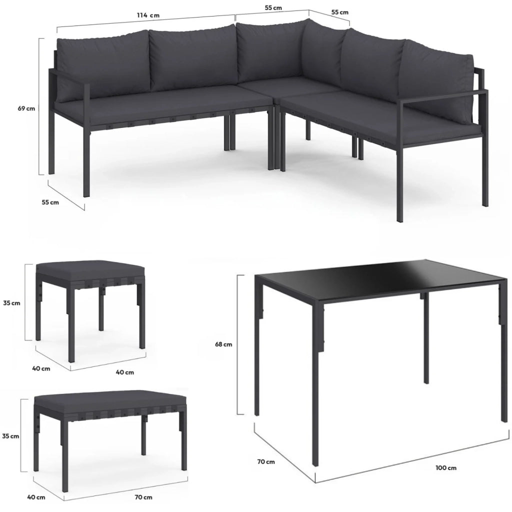 IDMarket - Set da giardino per pranzi NAYLA da 8 posti, angolare, in metallo con cuscini grigi, composto da tavolo da pranzo, divano angola