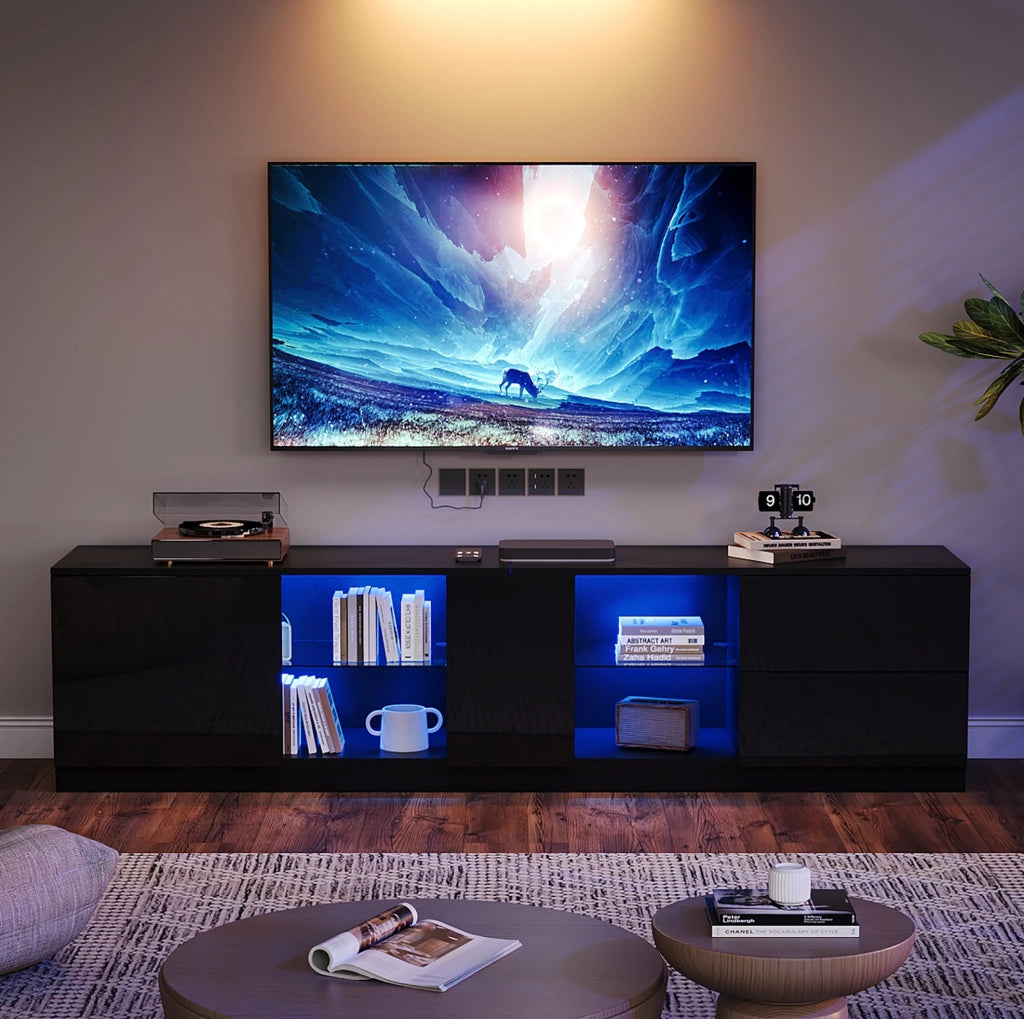 Mobile TV basso nero 160 cm con LED, 2 cassetti e vano con vetro temperato