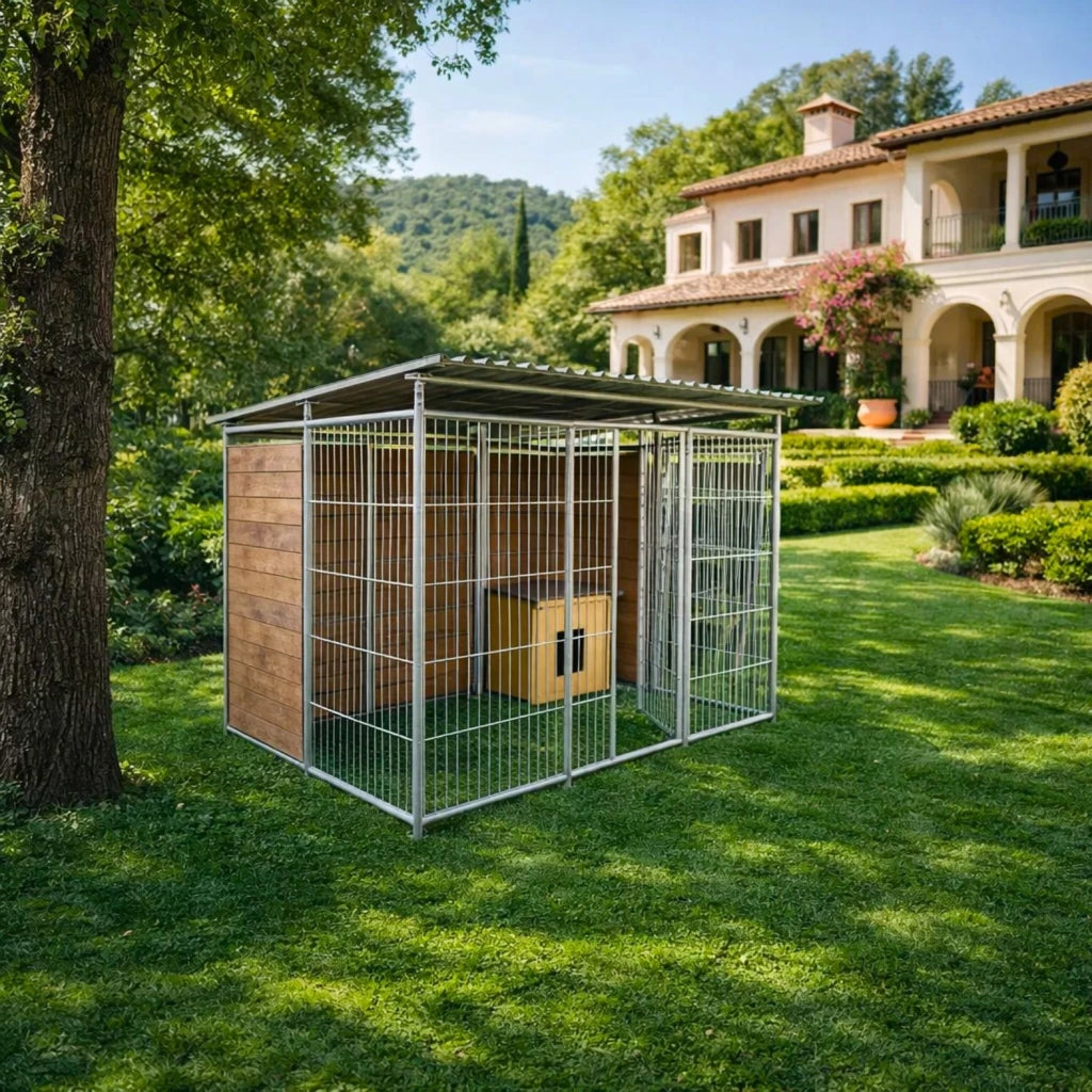 Box per cani coperto retro e 1 metro laterale in legno zincato a caldo da 300x200xh180 cm