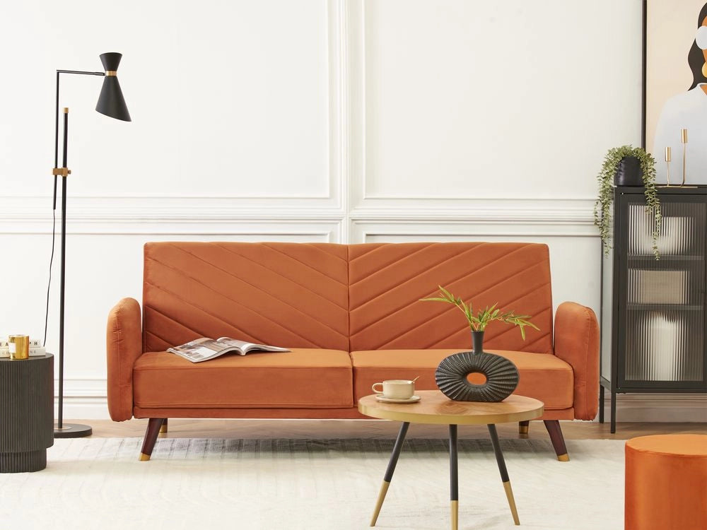 Divano Letto Tessuto Velluto Arancione Retro Soggiorno 3 Posti Gambe In Legno Bracci Pista