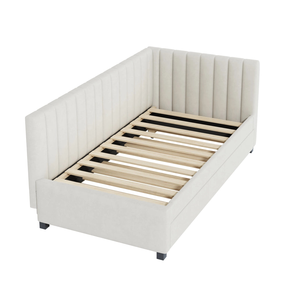 OKWISH Letto a Divano 90×200 cm, Letto Singolo con Letto Estraibile, Testiera Imbottita e Rete a Doghe, senza Materasso, Beige