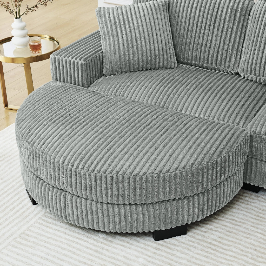 Divano angolare 4 posti - con pouf ovale reversibile e 2 cuscini - in corduroy - grigio