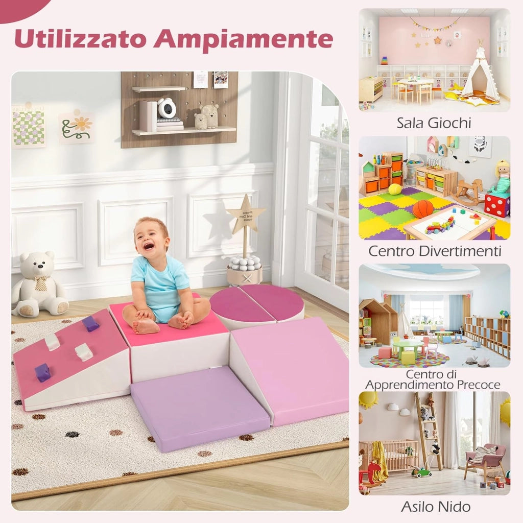 Set di 6 Blocchi di Schiuma per Arrampicata per Bambini, Blocchi in Schiuma per Arrampicarsi e Strisciare, Costruzione Mattoncini Morbidi per Bambini 12+ Mesi (Rosa)