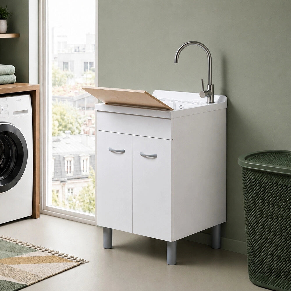 Mobile lavatoio 59x60 cm bianco opaco con ante e vasca incluso di asse di lavaggio e kit di scarico Medea