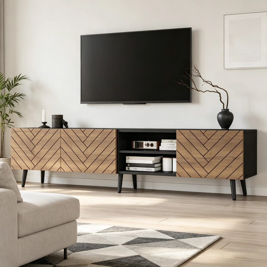 Mobile TV 180x33,5x45 cm con Ante e Passacavi ¨C MINIMAL ¨C Bianco/Nero/Legno