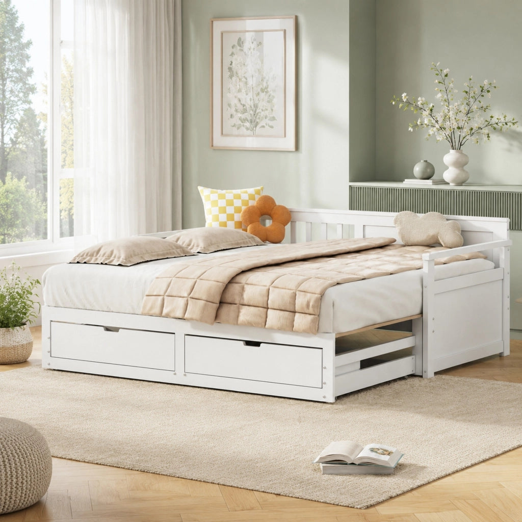 Letto da giorno con cassetti e letto estraibile 90x190/180x190 cm; bianco