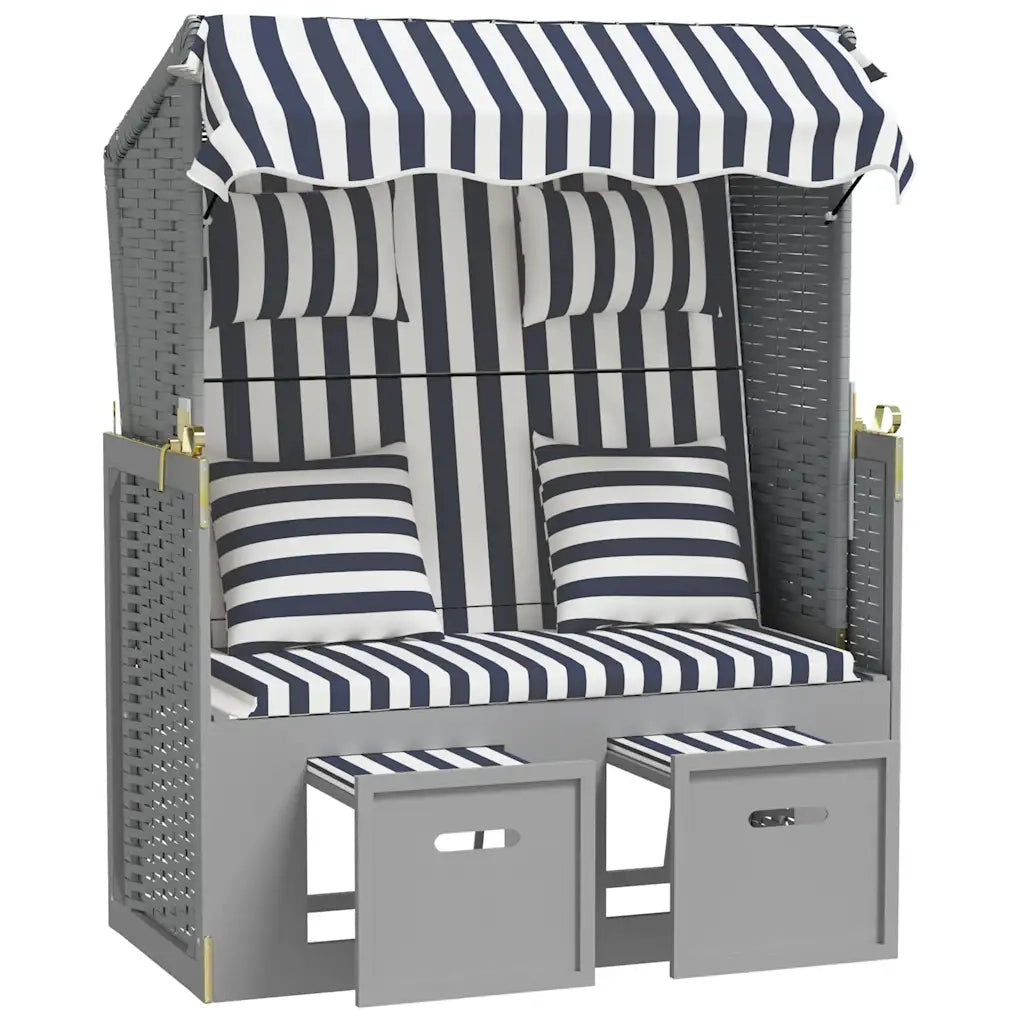 Strandkorb con Cuscini Polyrattan e Legno Massello Blu e Bianco CFW6330340