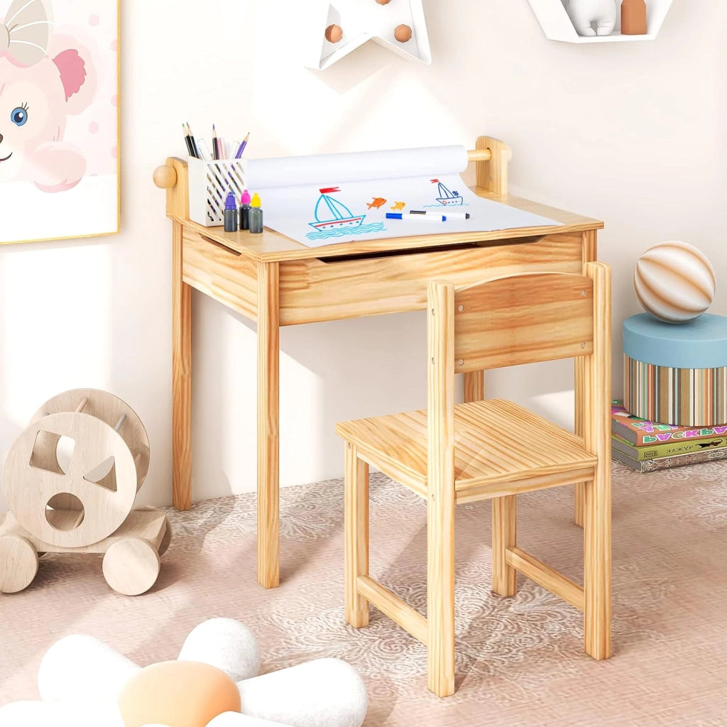 Set Tavolo e Sedia d’Arte per Bambini 3+ Anni, Scrivania in Legno di Pino da Disegno con Portarotolo, Piano Ribaltabile & Vano Portaoggetti, Rotolo di Carta (10m) e 2 Pennarelli (Naturale)