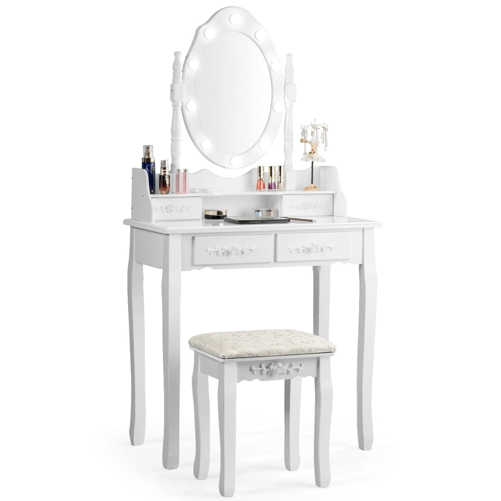 Set toeletta con specchio ovale e 10 lampadine LED, Toeletta classica con 4 cassetti, Bianco-Tavoli da trucco