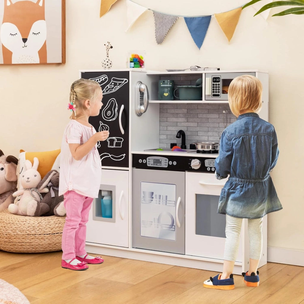 Cucina Giocattolo per Bambini, Cucina Legno per Bambini con Lavagna, Telefono, Microonde e Macchina per Ghiaccio, con Accessori e Suoni Realistici, per 3-6 Anni (Bianco)