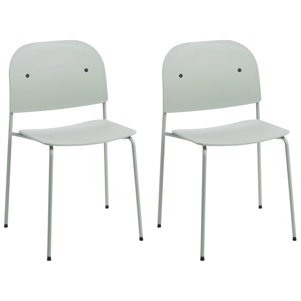 Set di 2 sedie da pranzo con seduta in materiale sintetico verde menta e struttura in metallo, in stile minimalista scandinavo, per la zona pranzo della cucina
