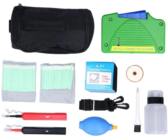 Kit di pulizia fibre ottiche - 11 pezzi - Contenitore di pulizia per estremità di fibra - Penna di pulizia 1,25 mm/2,5 mm - Per connettori SC FC ST LC MU - Tasca di stoccaggio 20,5 x 13 x 10,5 cm - Kit di pulizia fibre