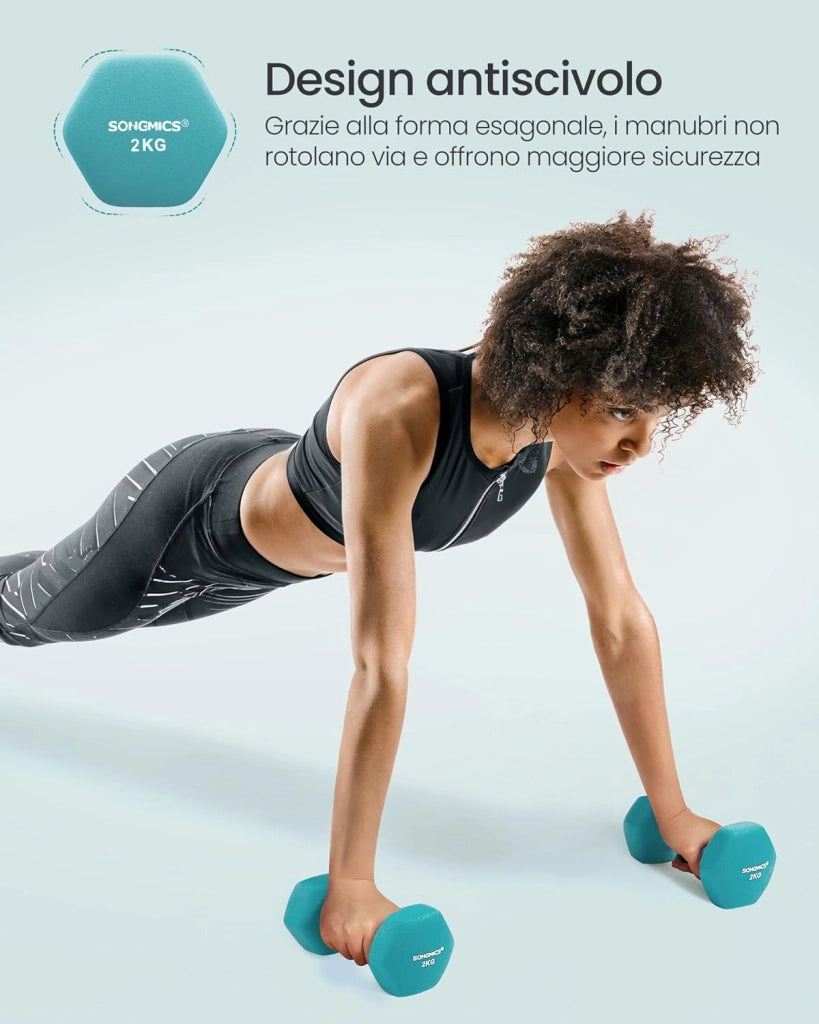 SONGMICS Set manubrio, 3 paia, 2 x 1 kg, 2 x 2 kg, 2 x 3 kg, supporto portaoggetti, palestra, sollevamento pesi, rivestimento in neoprene antiscivolo