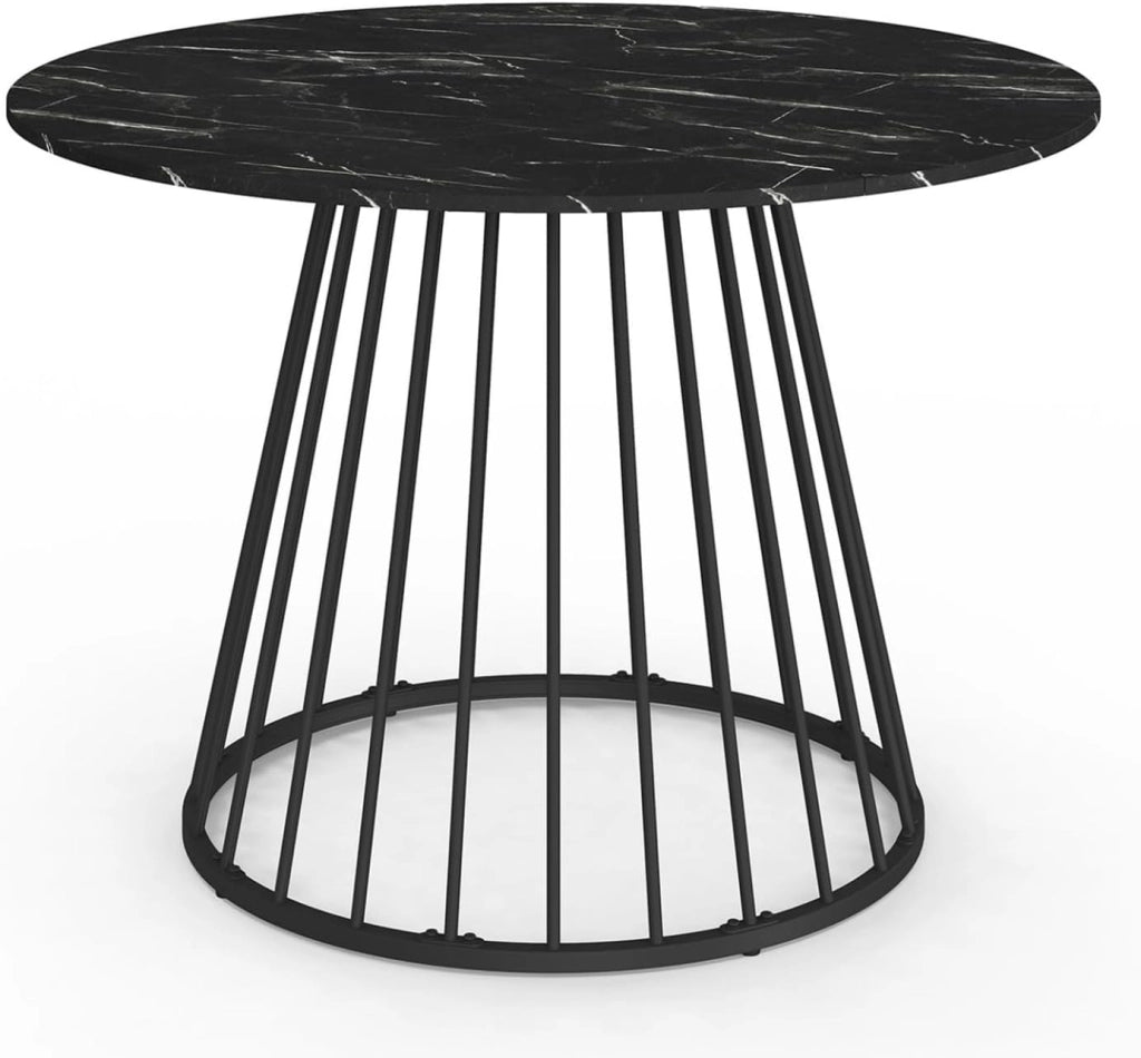 Tavolo da pranzo rotondo per 6 persone YUNA con piano in marmo nero effetto ALASKA e gamba in filo metallico nero 110 cm