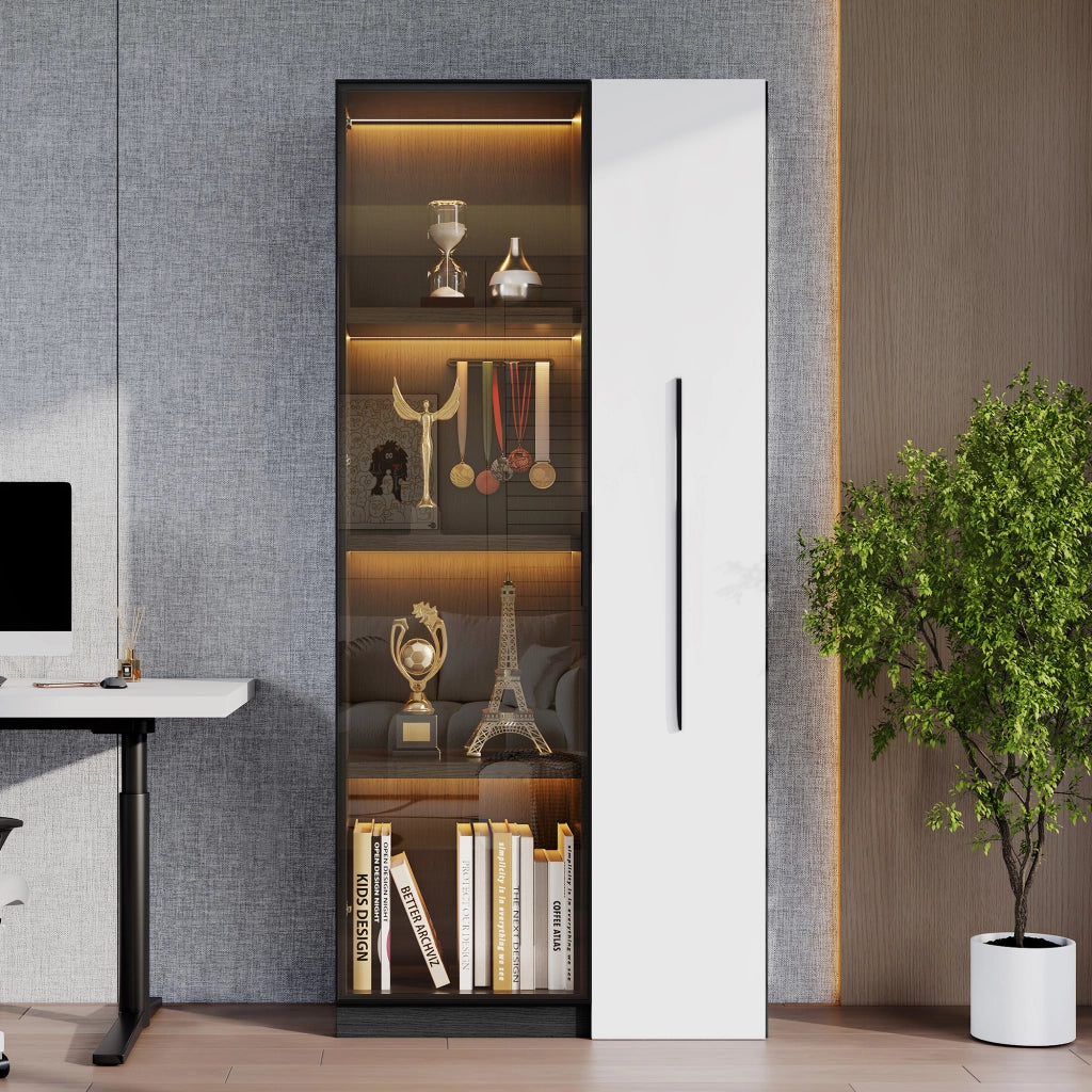 Vetrina multifunzione 70x40x160 cm con LED, ante in vetro e contenitore laterale, nero/bianco