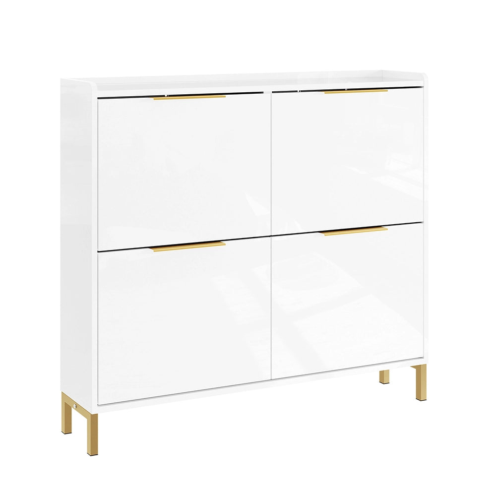 SoBuy FSR206-GW Scarpiera Salvaspazio Slim Ingresso - Mobile Scarpiera Bianca con 4 Ante a Ribalta, Profondità 19 cm, Design Nordico con Finitura Lucida e Maniglie Dorate, 100x19x90cm