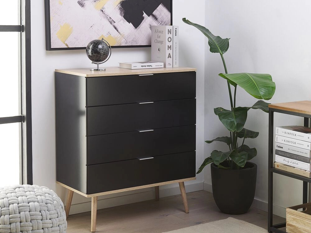 Cassettiera Credenza Nera con 4 Cassetti 93 x 79 cm Soggiorno Camera da Letto Corridoio Armadietto Stile Scandinavo