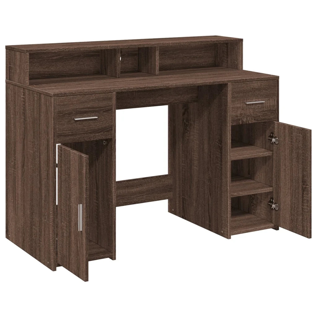 Scrivania tavolo postazione di lavoro mobile per computer studio e luci a LED legno ingegnerizzato di rovere marrone 02_0023795