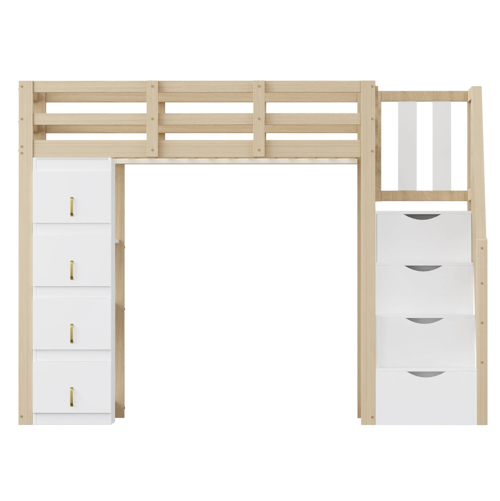 Letto a soppalco 90x200 cm in legno massello con cassetti contenitori e scala di sicurezza