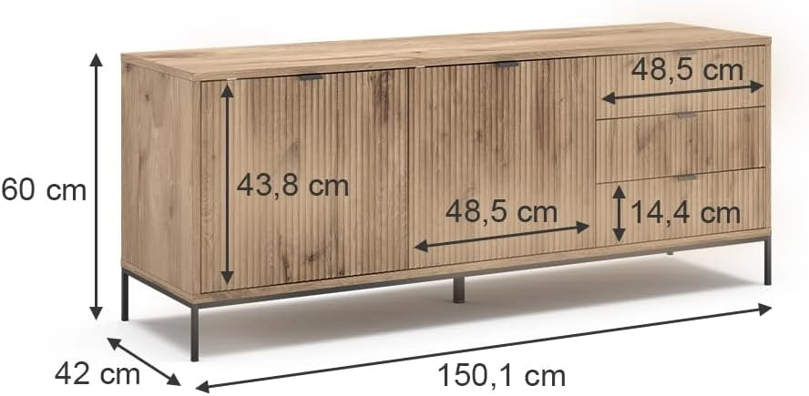 Tavolo basso Eliza, Quercia vichinga, 150 x 60 cm con 3 cassetti, 2 ante, utilizzabile come supporto TV e per la conservazione