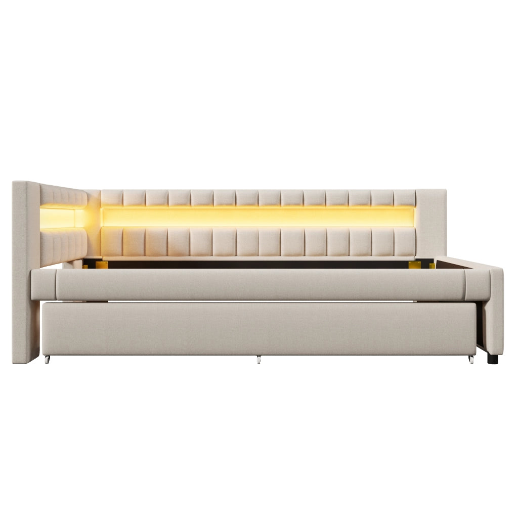 Letto con letto estraibile 90 × 200 cm con luce LED; USB e porta Type-C; in lino e MDF; beige