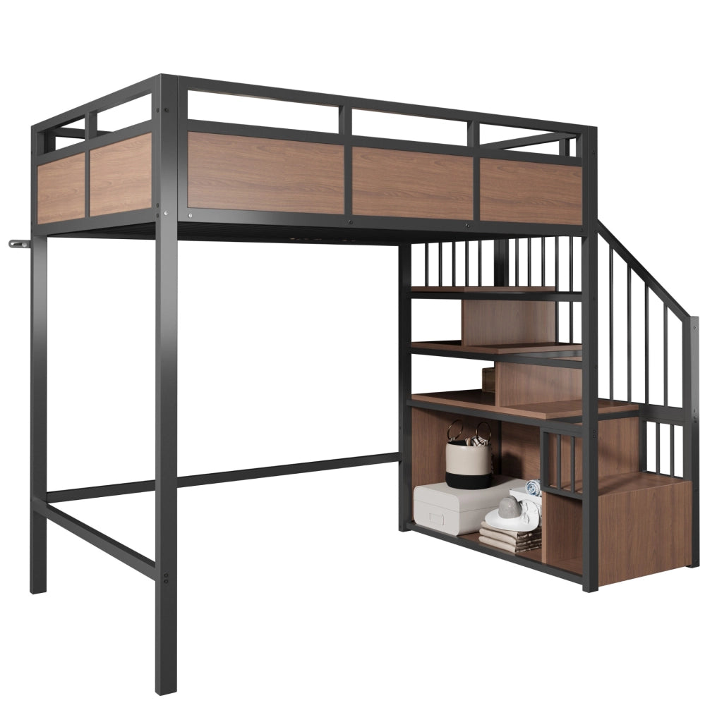 Letto a soppalco 90x200 cm con scala portaoggetti e LED in metallo e legno nero