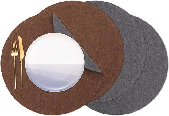 Tavoliere, imitazione lino, lavabili, tavoliere, tessuto, tavoliere a doppia faccia, set di 4 con tonalità marrone-grigio, forma rotonda.