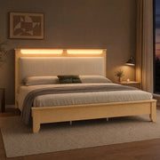 Letto matrimoniale 140x200 cm in legno e corduroy beige, testiera con LED e spazio contenitivo