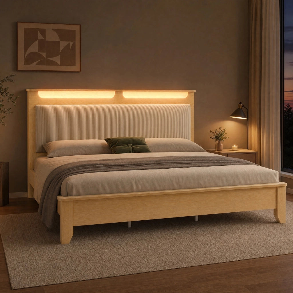 Letto matrimoniale 140x200 cm in legno e corduroy beige, testiera con LED e spazio contenitivo