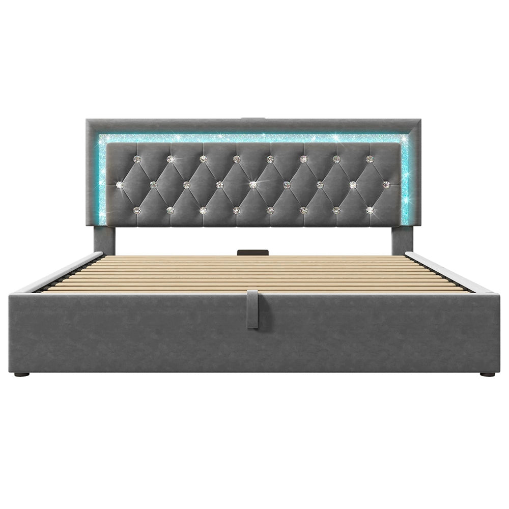 Letto imbottito-Xylo-160x200cm LED diamante USB-C idraulico velluto grigio con materasso