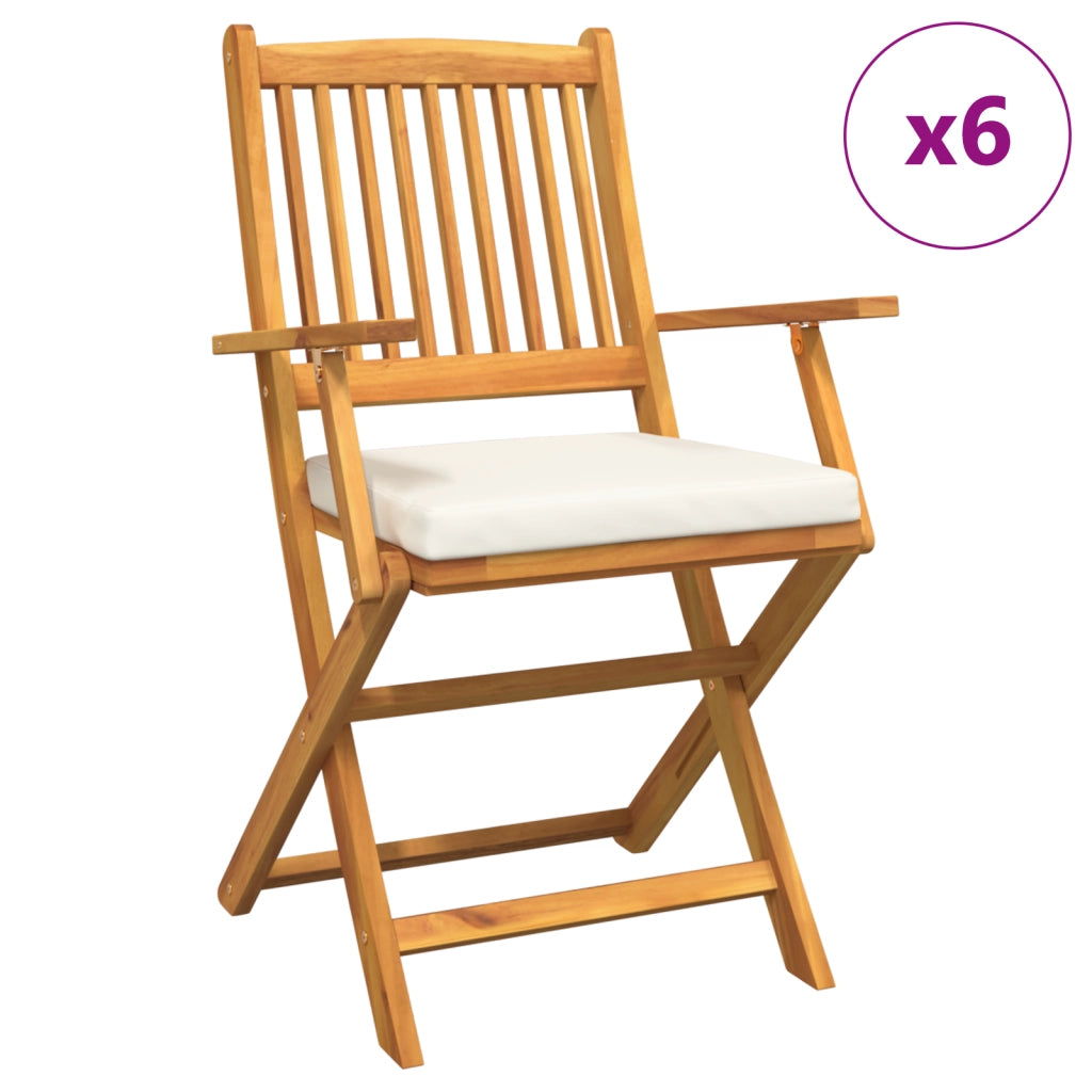 Sedia da Giardino Pieghevole  con Cuscino Bianco 6 pezzi in Legno Massello di Acacia