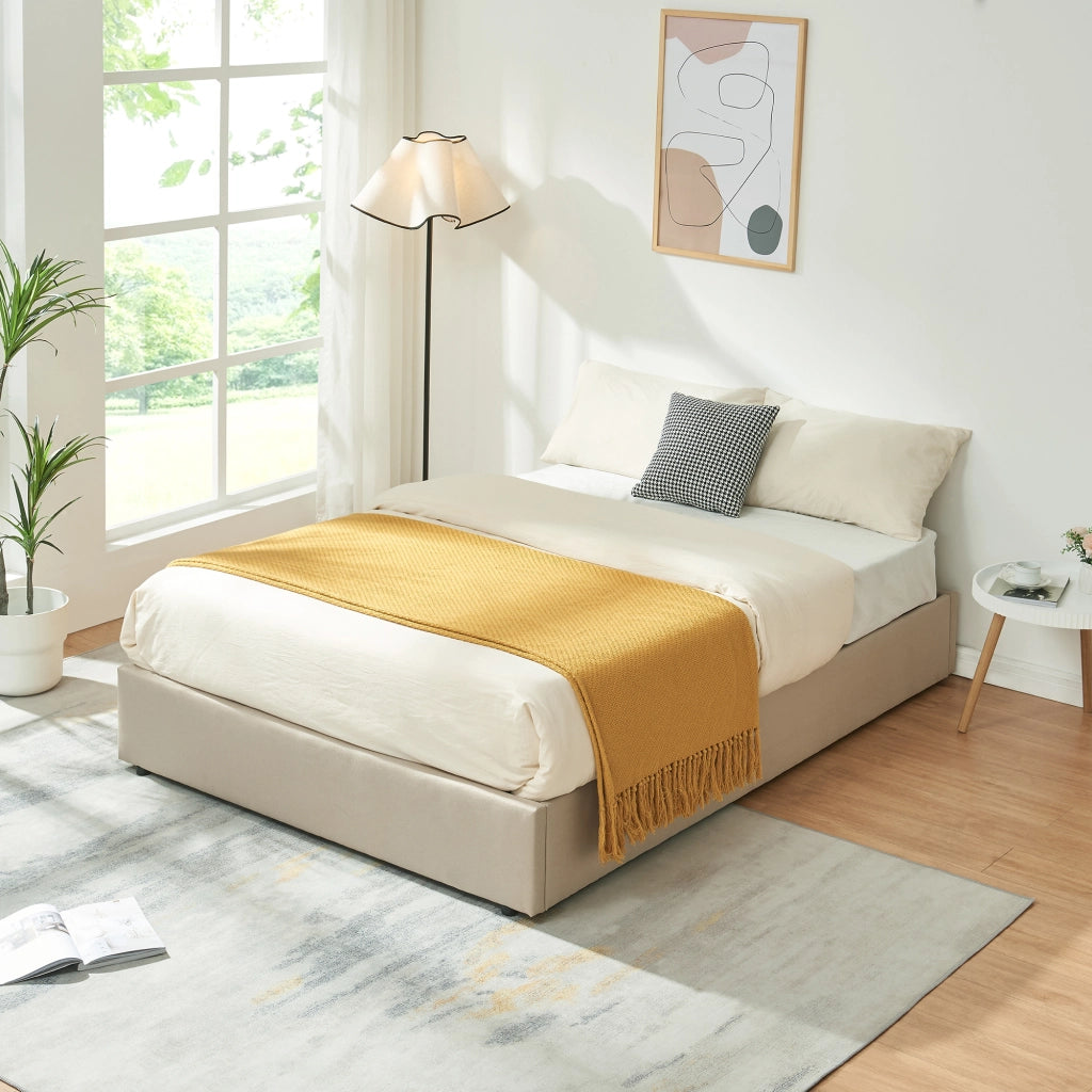 Letto Francese Contenitore Nola 140x200 cm Apertura a Ribalta Rivestito in Tessuto Lino - Beige [en.casa]