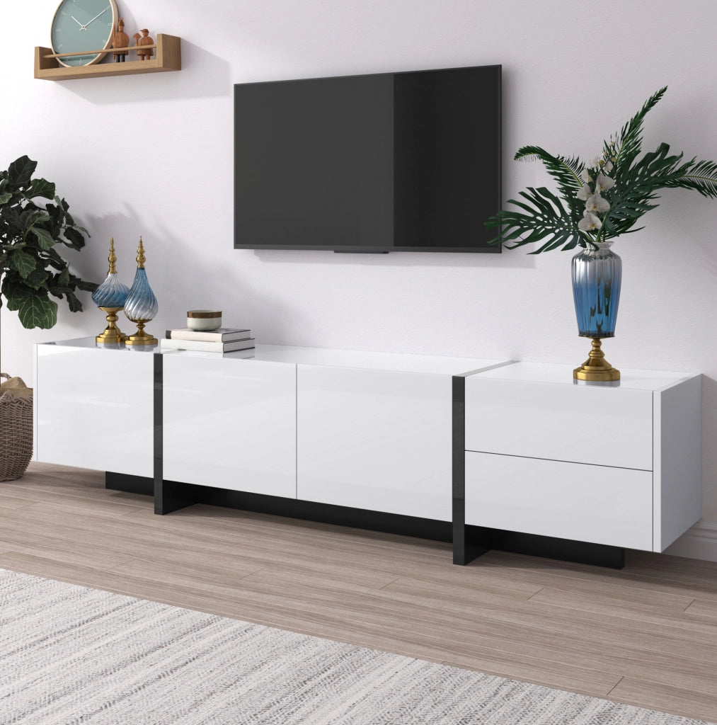 Mobile TV bianco e nero lucido con ante, cassetti e scaffali interni, 190x35x45 cm