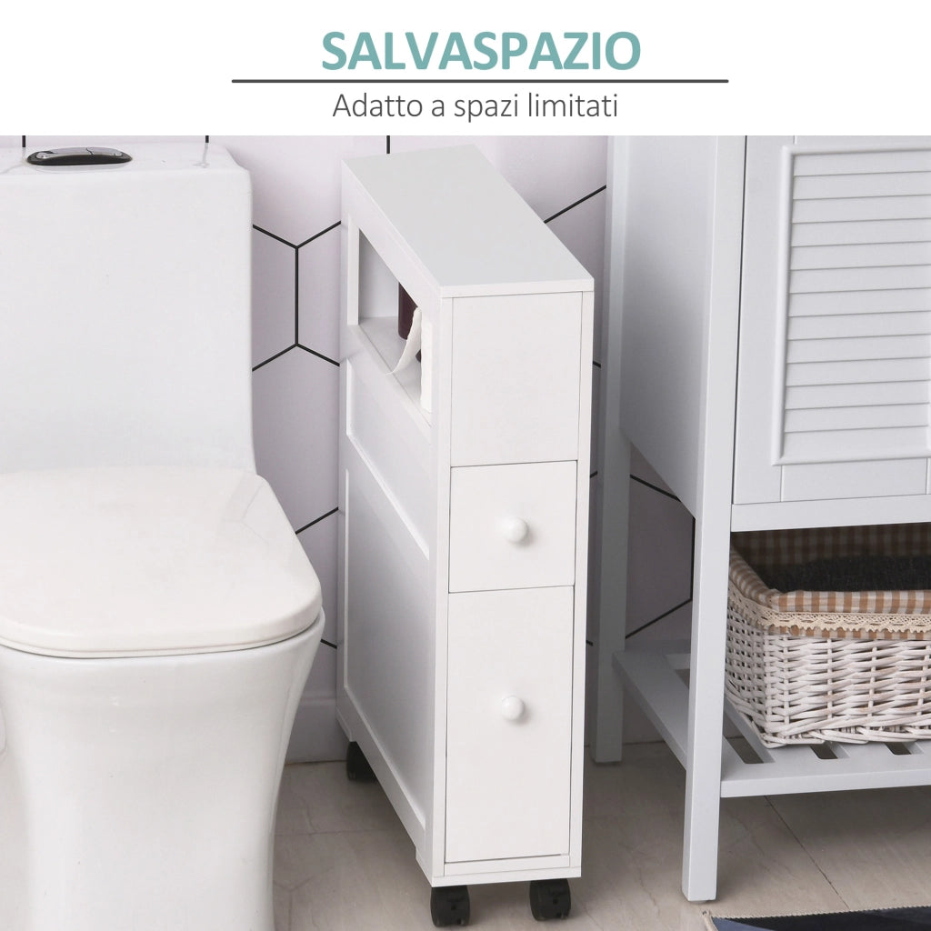 EasyComfort Mobiletto da Bagno 2 Cassetti Salvaspazio con 4 Ruote Legno 16x52x71.5cm Bianco