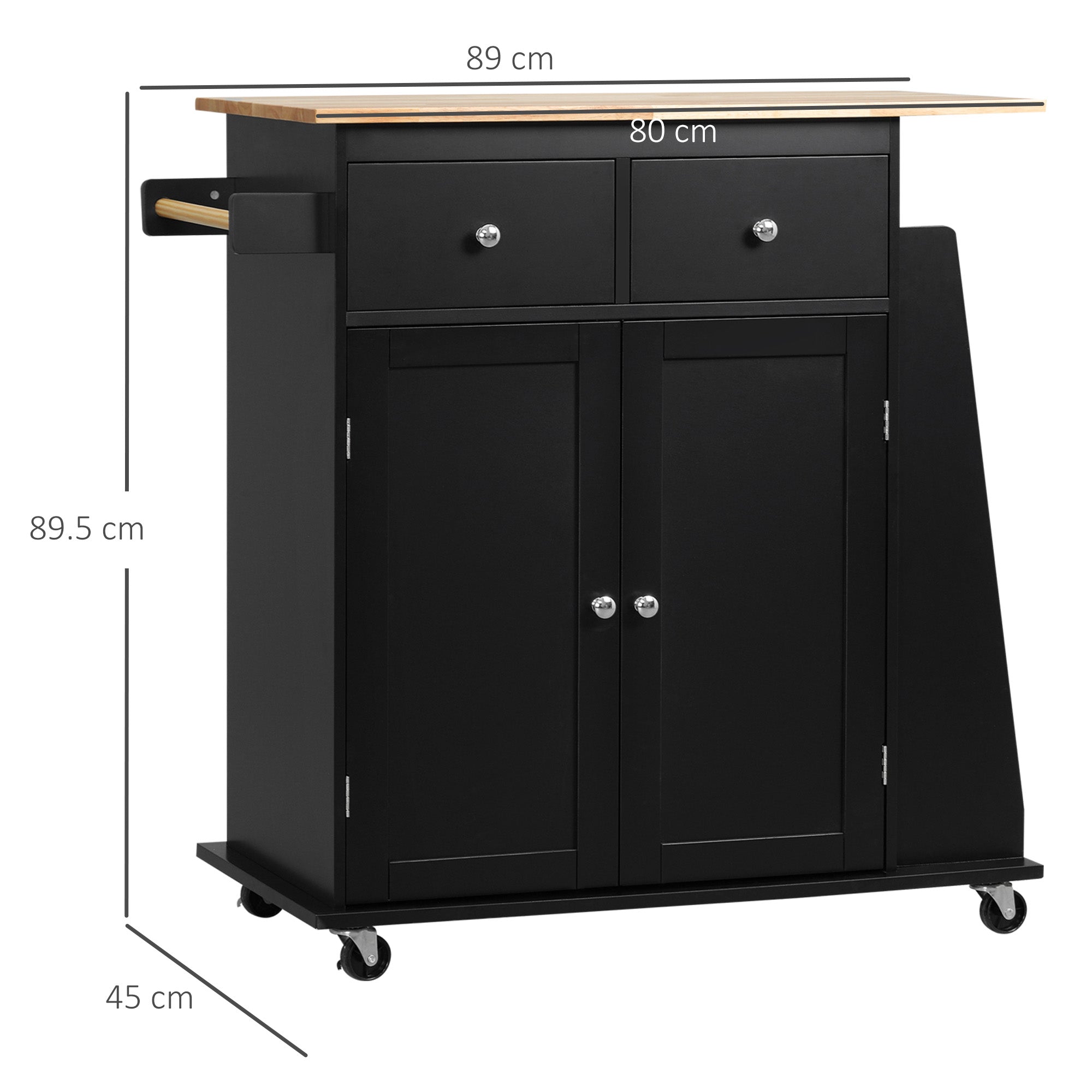 Carrello da Cucina con Armadietto 2 Cassetti e Portaspezie 89x45x89,5 cm in Legno Nero