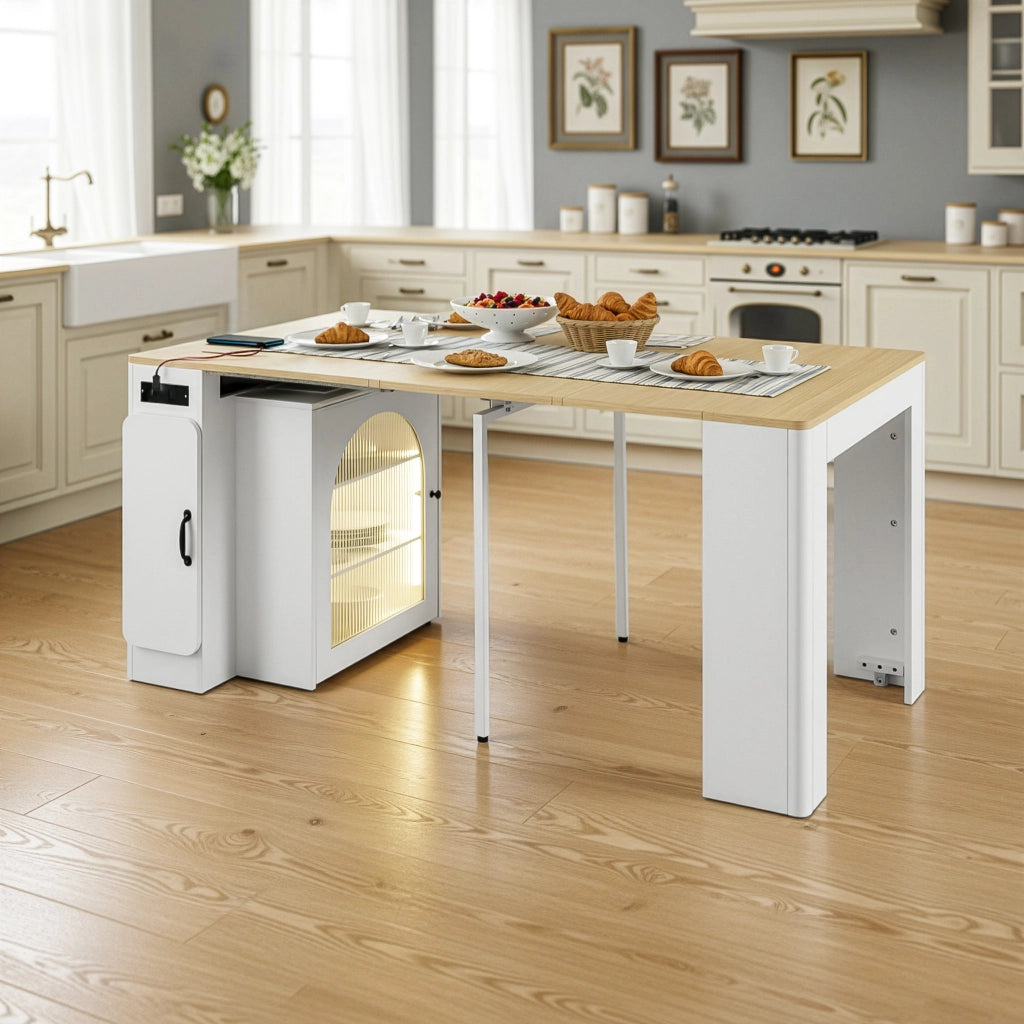 Carrello da Cucina con Tavolo Estensibile; 3 Piani; Vani; Ruote; LED e Prese; in MDF e Vetro; Bianco Naturale
