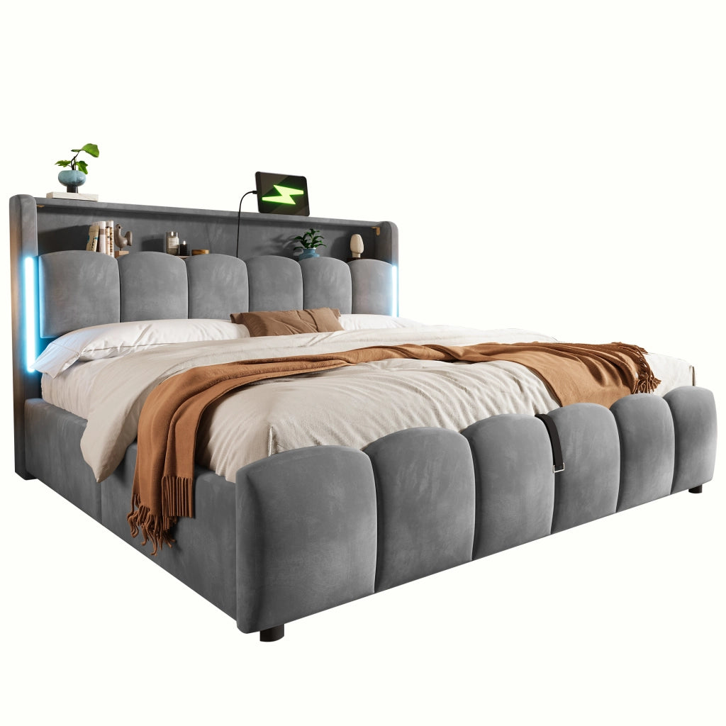 Letto imbottito 180x200 LED testiera stivaggio idraulico USB/Type-C velluto
