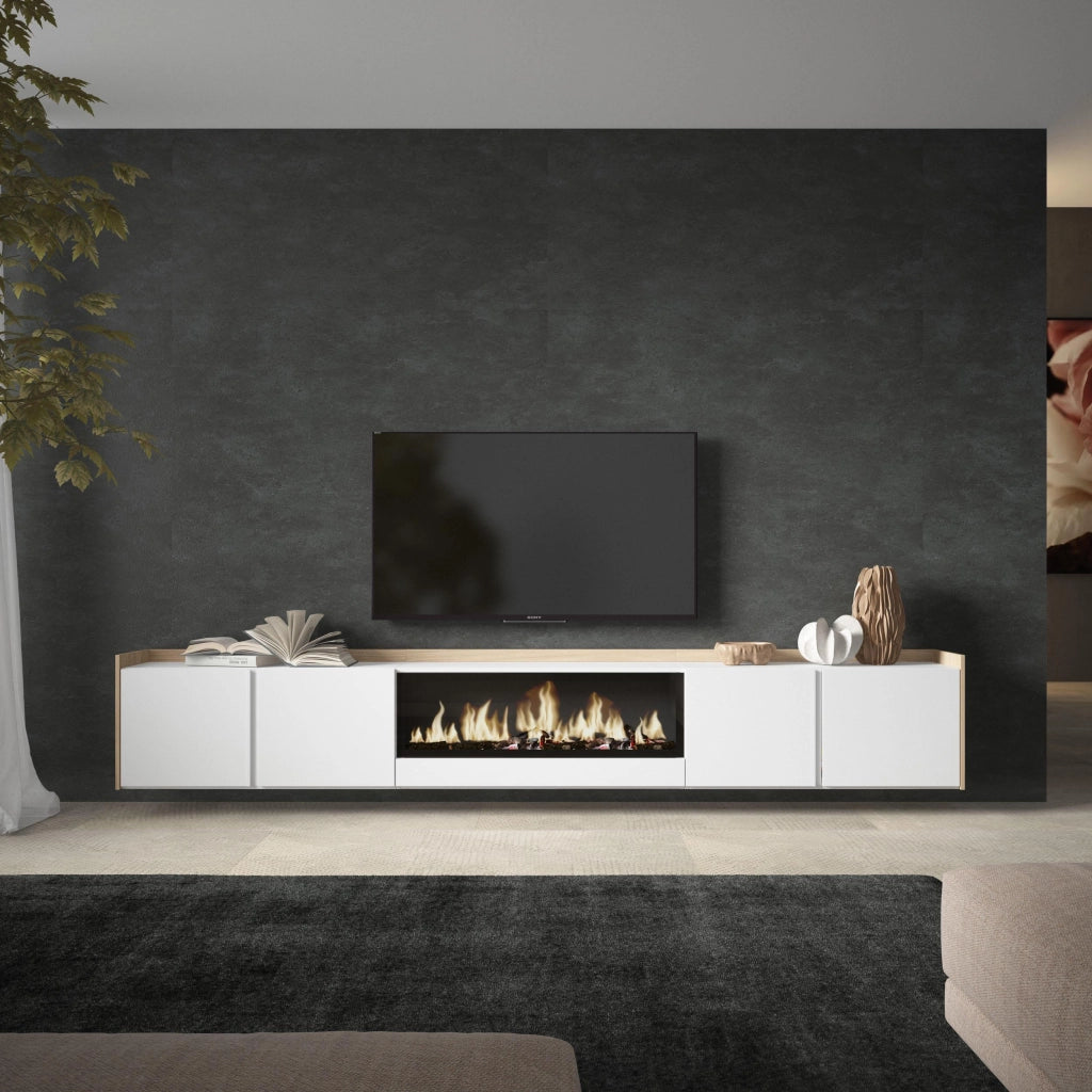 Mobile TV Soggiorno, 315x50x35 cm, Per TV fino a 80", Camino elettrico XXL, Sospeso, da appendere, Bianco e Rovere soft