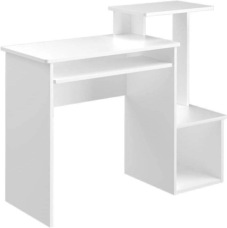 Scrivania con ripiani Karl, Bianco, 106 x 40 cm, con vani aperti e ripiano estraibile per tastiera