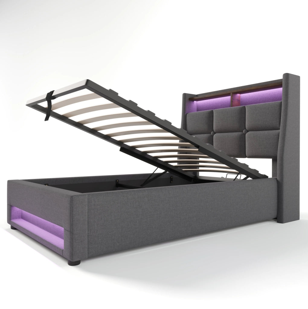 Letto imbottito 90x200 cm con LED; USB e contenitore; grigio