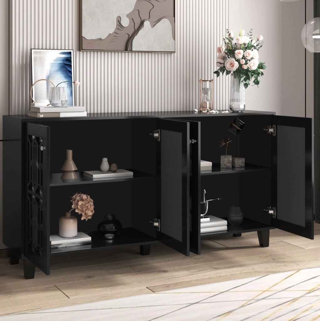 Credenza 160x40x84 cm con 4 ante e ripiani regolabili in MDF; nero a specchio