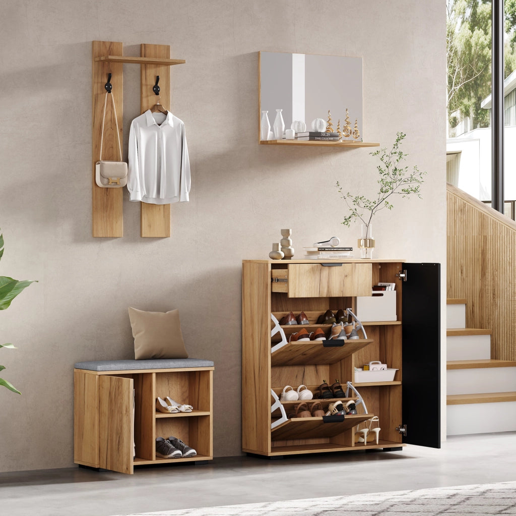 Set mobile ingresso con scarpiera; panca e specchio 140x35x139 cm naturale e nero HOMVRA