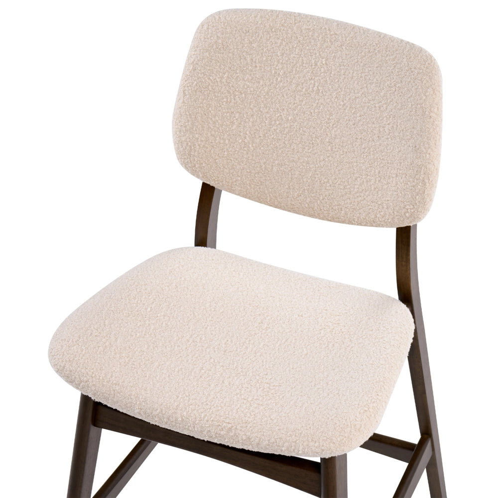 Set di 2 sedie da bar con struttura in legno di gomma marrone scuro e seduta in tessuto bouclé beige senza braccioli design retrò