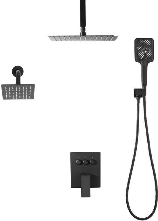Sistema di Doccia a Parete da 30 cm con Coperchio, 4-in-1 Doccia a Mano e Coperchio Girevole a Doppio, Maniglione in Ottone e Accessori di Finizione, Nero Mat.