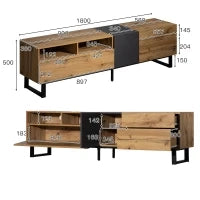 Mobile TV Moderno Colorblocking con Venature in Legno e Superficie Lucida, Design Irregolare, Senza Maniglia, Rovere + Antracite, Nero