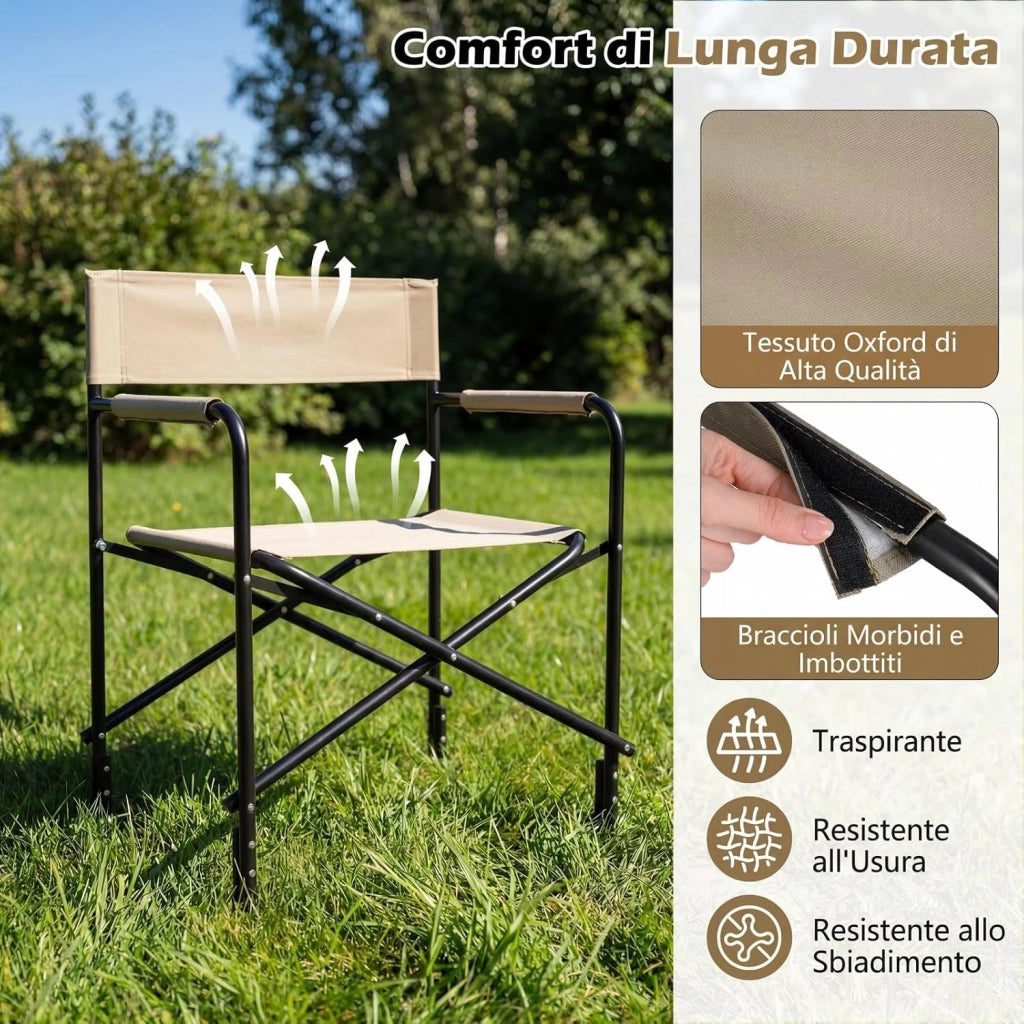 Sedia da Regista Campeggio Pieghevole, con Portabicchieri | Poltrona Ergonomica Salvaspazio, Struttura in Metallo, Terrazzo Giardino Campeggio Mare Spiaggia, Portata 160 kg