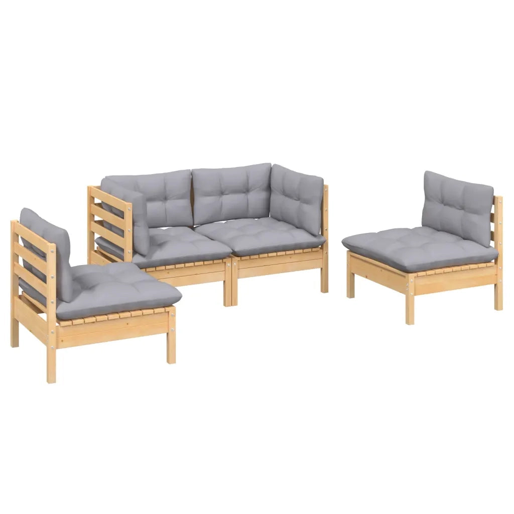 Set Divani da Giardino 4 pz | Set Salotto da Giardino con Cuscini Grigi Massello di Pino