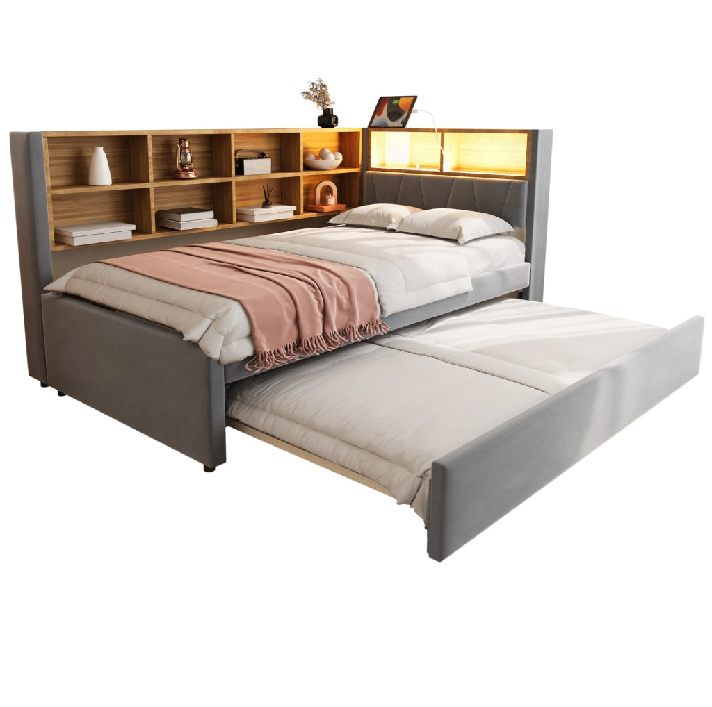 Divano letto multifunzione 90x200 cm con letto estraibile 90x190 cm; LED e vani contenitore; grigio scuro